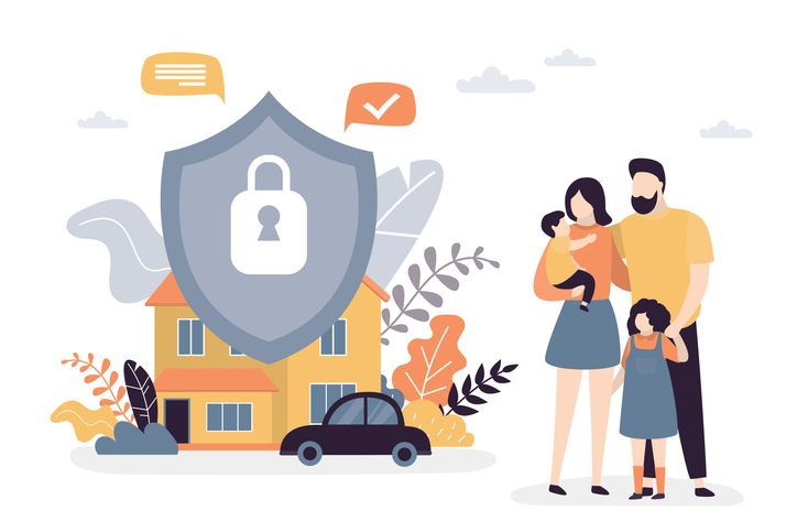 happy parents with children. family portrait. property,car and insurance protection shield. assurance plan,