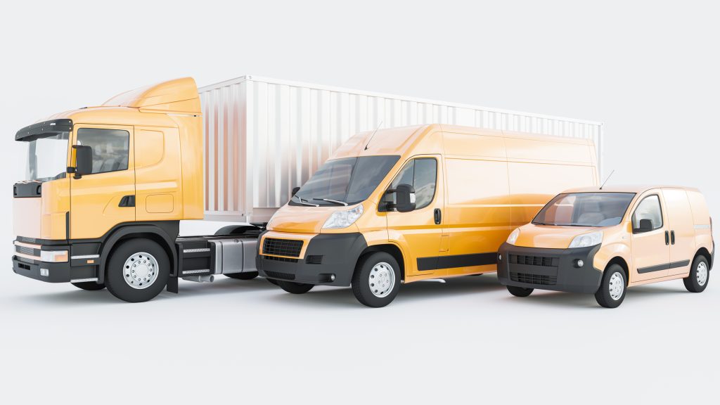 General Insurance semi container truck lined up with yellow delivery vans on white background